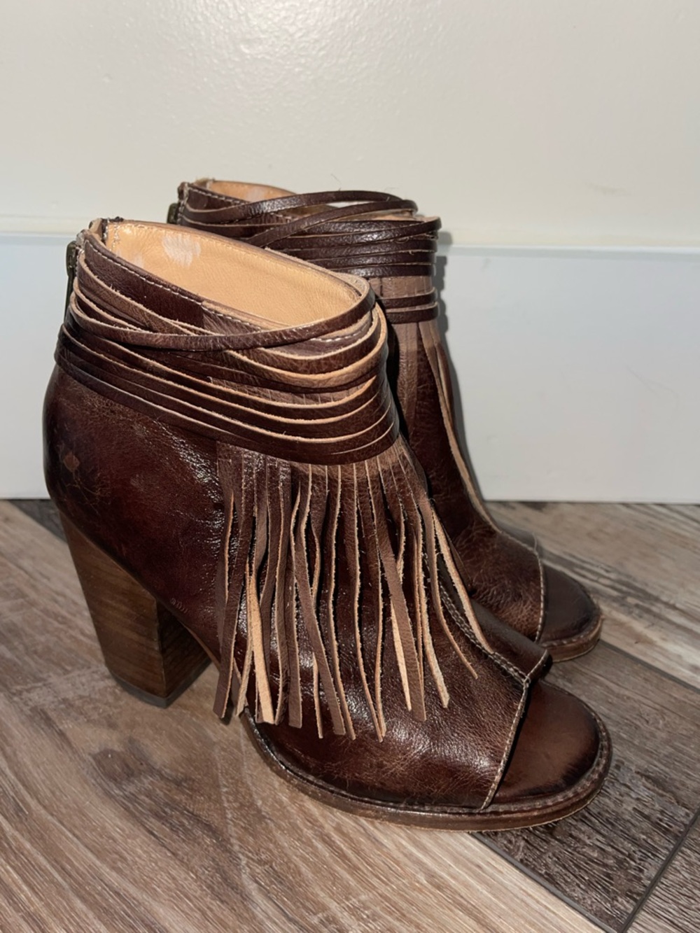 Bed Stu Onset Olivia Peep Toe Fringe Booties Brown Leather Size 6.5